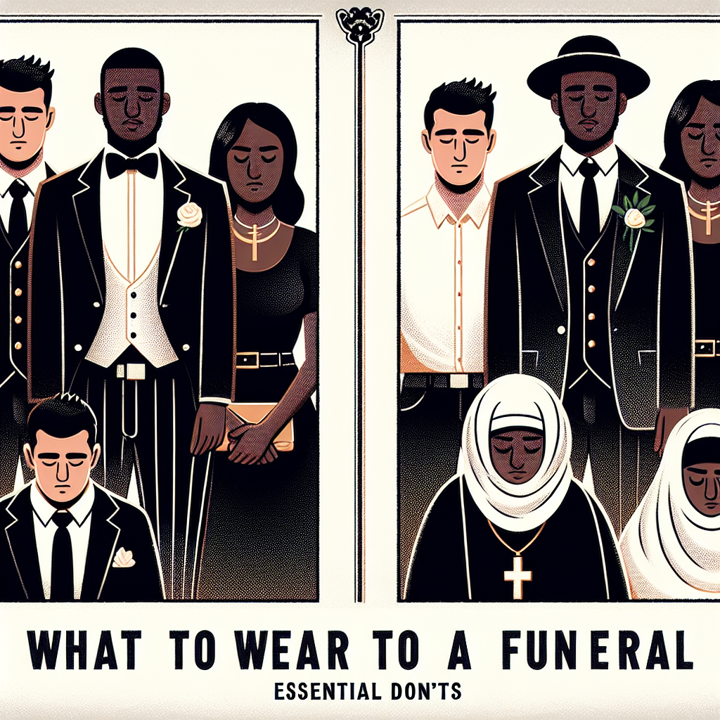 What to Wear to a Funeral: Essential Don'ts A visual article cover image, divided into two halves. The left side depicting a well-dressed male and female of Black descent expressing respect at a funeral. The male dressed in a traditional two-piece suit in black with a white shirt, and the female wearing a respectful black dress, both with their heads bowed down. The right side showcases a Caucasian male and Middle-Eastern female making common clothing mistakes at a funeral - one wearing brightly colored outfit, and the other in casual attire. The title 'What to Wear to a Funeral: Essential Don'ts' in large, bold letters is at the top.