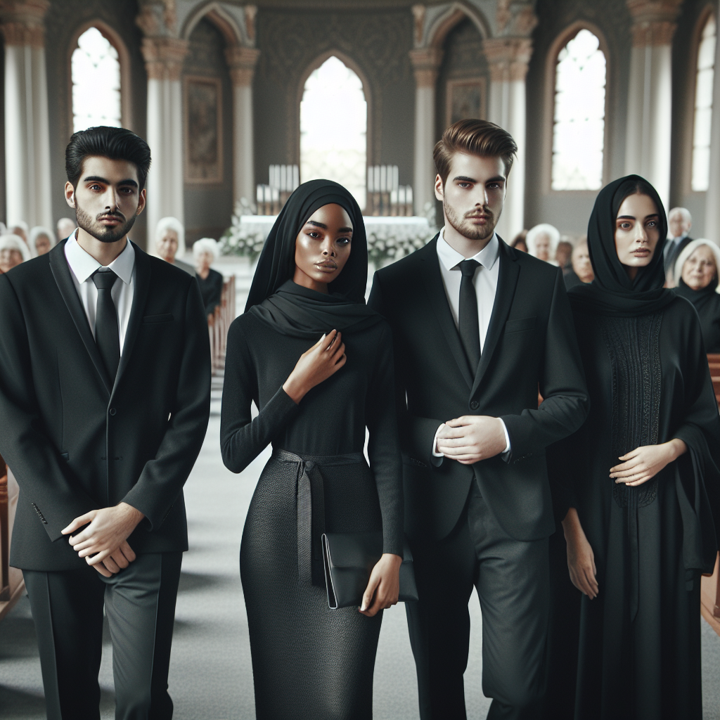 What to Wear to a Memorial Service: Dignified Must-Haves Visualize a tastefully attired group of people attending a memorial service exemplifying appropriate dressing code. Picture a South-Asian man in a classically-cut, black suit with a clean white shirt, a Black woman wearing a sleek, dark dress with a modest neckline and a Middle-Eastern woman in a dignified, black abaya. Also, include a Caucasian man in a dark, elegant sweater, and a Hispanic woman in a subdued black blouse and skirt. They all are carrying respectful expressions, a sense of solemnity in their eyes, surrounded by the neutral, peaceful ambiance of the memorial venue.