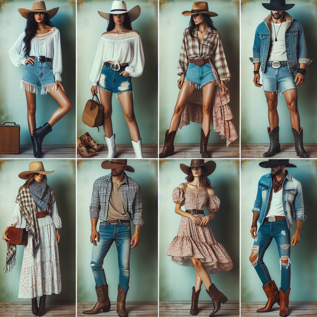 An image encapsulating the essence of a country concert outfit. The focus of the image should be on showcasing a variety of styles all ideal for a country concert. Picture one style as a Black woman dressed in a white flowing blouse with a pair of cut-off distressed denim shorts and a large straw hat. An Asian man in a plaid shirt, dark fitted jeans and rustic cowboy boots. A Middle Eastern woman wearing a denim jacket atop a loose, floral-print dress, complemented by leather ankle boots. Finally, a White man in a distressed leather jacket, a cotton t-shirt, and denim jeans paired with a cowboy hat.