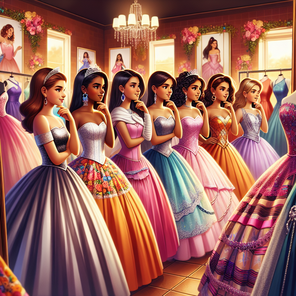 Stunning Quinceanera Outfits: Find Your Perfect Look A vivid scene representing a fashion consultation for a quinceanera celebration. The image includes a diverse group of five teenage girls of different descents: Caucasian, Hispanic, Black, Middle-Eastern, and South Asian. Each girl is respectfully trying on a stunning quinceanera dress in varying styles, colors, and patterns that flatter their unique features and reflect their personal styles. Accessories like tiaras, gloves, and jewelry are also integrated into their outfits. In the background, there are mirrors to reflect their full outfits and a range of other dresses on display. The ambiance should be warm and vibrant, emphasizing excitement and anticipation.