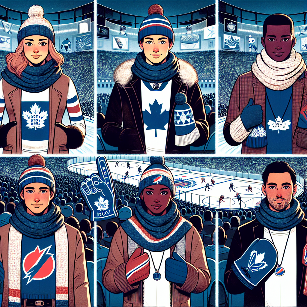 Illustrate a detailed fashion guide for attending a hockey game. The image must include four distinct people of diverse descent: a Caucasian woman, a Hispanic man, a Black woman, and a Middle-Eastern man. Each person should be dressed in varying layers for cold weather: think woolen scarves, padded jackets, thick mittens, and warm hats. Sewn onto their clothing are related accessories - such as foam fingers, flags, or pendants - that show support for their favorite hockey teams. The background features the bustling ambience of a thrilling hockey match, refracted light gleaming off the icy rink and the crowd roaring in anticipation.