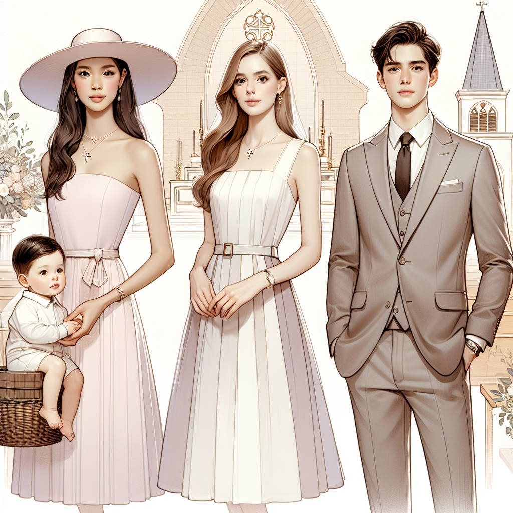 What to Wear to Baptism: Effortless, Stunning Styles Visualize an article header with a title 'What to Wear to Baptism: Effortless, Stunning Styles'. Allow the image to depict at least three different individuals dressed in appropriate yet varied baptism attire. The first is a South Asian woman in an elegant but simple pastel-colored dress with a matching hat, a young Caucasian boy in smart casual wear, and a middle-eastern man in a sleek suit. To add more context, feature a small and tastefully decorated church or a baptismal font in the background. Ensure all colors are soft and inviting, consonant with the serene mood of the event.