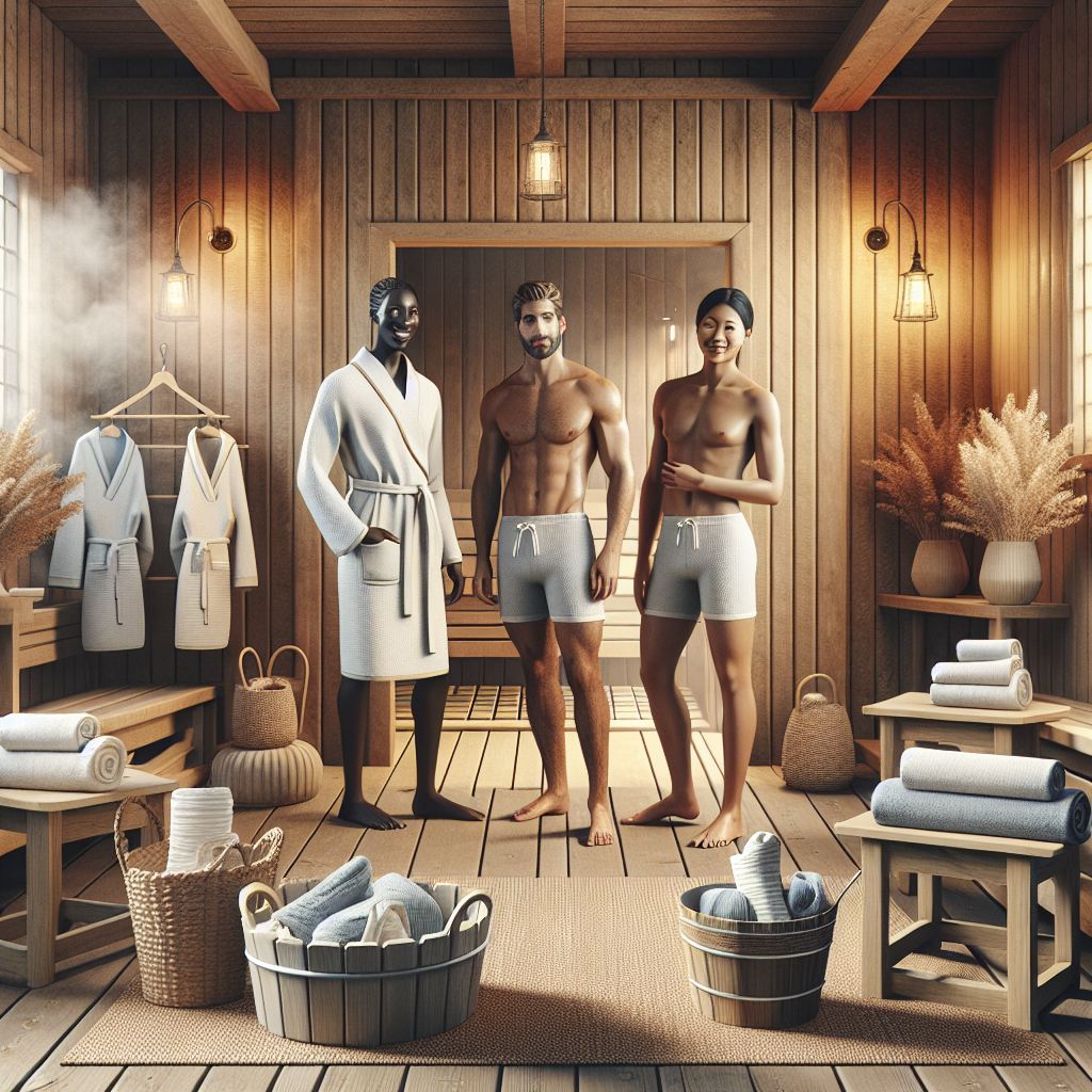 What to Wear in a Sauna: Effortless, Chic Choices Create a detailed image depicting a relaxed spa setting with a wooden Scandinavian-style sauna in background, with steam subtly emanating from the doorway. Display three different set of clothing suggestions on forefront: first, a light-colored cotton bathrobe, second, a simple terrycloth towel wrapped around the waist, and third, a quick-dry sports outfit. Decorate the scene with ambient accessories like a stack of fresh towels, a small bench, and a bucket with ladle used to pour water on sauna stones. Include a diverse group of individuals, a black female, a Caucasian male, and a South Asian female, each wearing one of the recommended sauna outfits, chatting cheerfully.