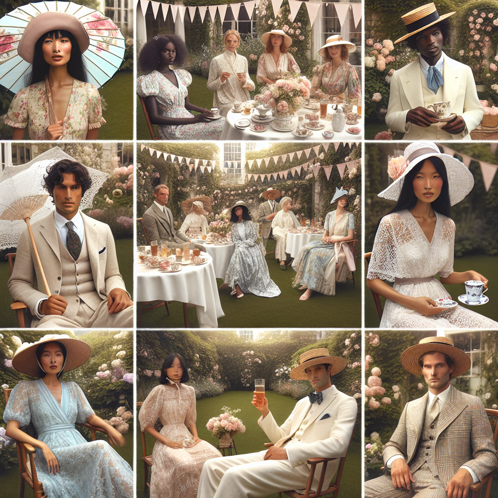 Tea Party Outfits: Discover Stunning, Effortless Style Imagine a tranquil tea party set in an elegant garden, adorned with blooming flowers and pastel bunting. An array of attendees, reflecting a true representation of human diversity, show off their unique styles. A South Asian woman is wearing a vintage floral dress and a nice sunhat, while a Middle-Eastern man is dressed in a casual white linen suit and straw boater hat. A black woman is wearing a beautiful lace dress with a matching parasol, a complement to the Hispanic man's smart casual pastel ensemble. A white man, in a dapper tweed suit, chats with an East Asian woman, who's stunning in a silk kimono-style wrap dress. Each outfit captures the spirit of effortless elegance effortlessly encapsulating the 'tea party' style.