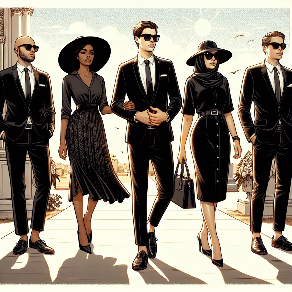 Depict a scene of a summer funeral dress code. Visualize a selection of elegant and respectful attire suitable for a summer funeral. Include well-dressed people of diverse descents: a Middle-Eastern man in a finely-tailored black suit with a tie, a pair of black shoes glistening in the sun; a black woman donning a tasteful black dress, her accessories precise and moderate; a Hispanic woman in a stylish black hat, her clothing choice radiating her respect for the occasion, and a Caucasian man in dark sunglasses and a linen suit. Ensure the clothing is, while being respectful and modest, also practical for a hot and sunny day.