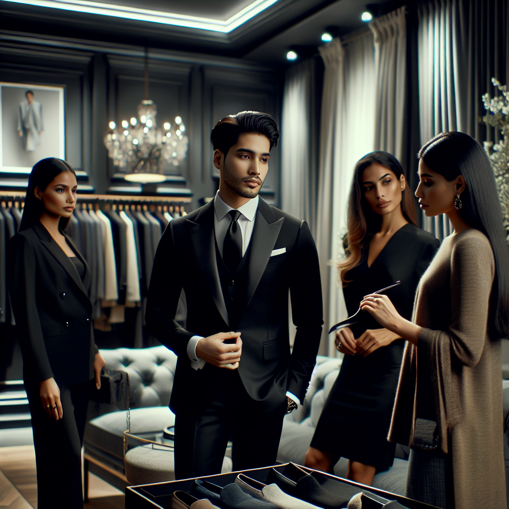 What to Wear to a Viewing: Effortless, Elegant Outfits Visualize a scene in a sophisticated clothes boutique showcasing various elegant, effortless outfits suitable for a viewing. This includes a well-tailored Asian male in a classic black suit with a white shirt and tie, a Hispanic woman wearing a modest yet stylish black dress with subtle accessories, a Black female in a tastefully muted trouser suit, and a Middle-Eastern male in a smart, dark-colored ethnic attire. To complete the scene, a South Asian woman stylist brings another thoughtful outfit option for a client. The ambiance is classy and subtly lit reflecting mourning and respect. Please exclude any brand logos or labels.