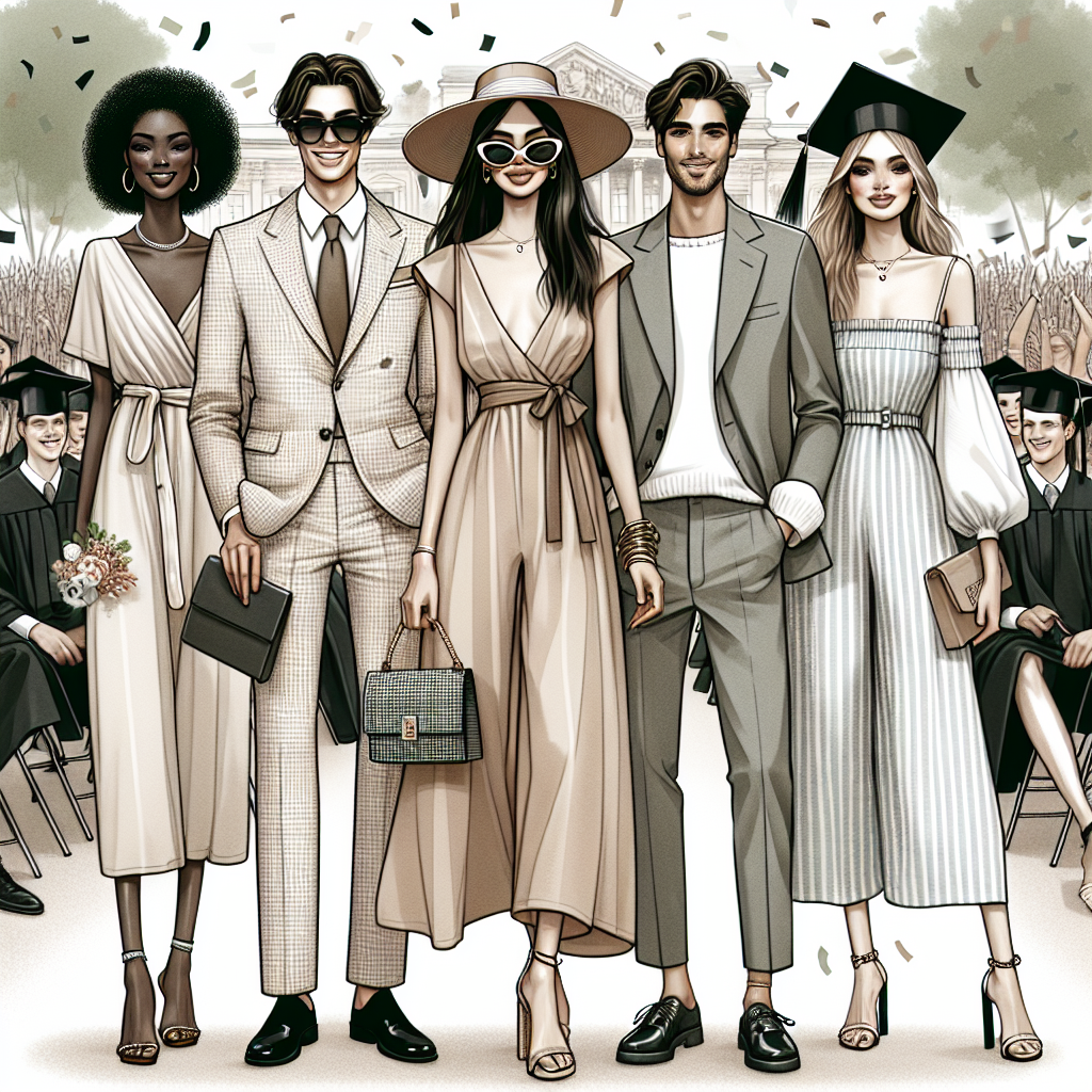 Must-Have Styles for Graduation Guests: Effortless Chic Visual representation of an outdoor graduation ceremony with happy attendees exemplifying 'effortless chic' style. Illustrate a diverse group of individuals featuring various genders and descents, such as an African female in a sleek, neutral-toned jumpsuit, a Caucasian male in a minimalist seersucker suit, a Middle Eastern man in a polished tunic and trousers, and an Asian woman in a comfortable but stylish summer dress. Add details like fashionable sunglasses, stylish hats, and trendy boutique handbags to highlight the chic essence. The background showcases the festive ambience with confetti in the air and graduates wearing black cap and gowns in the distance.