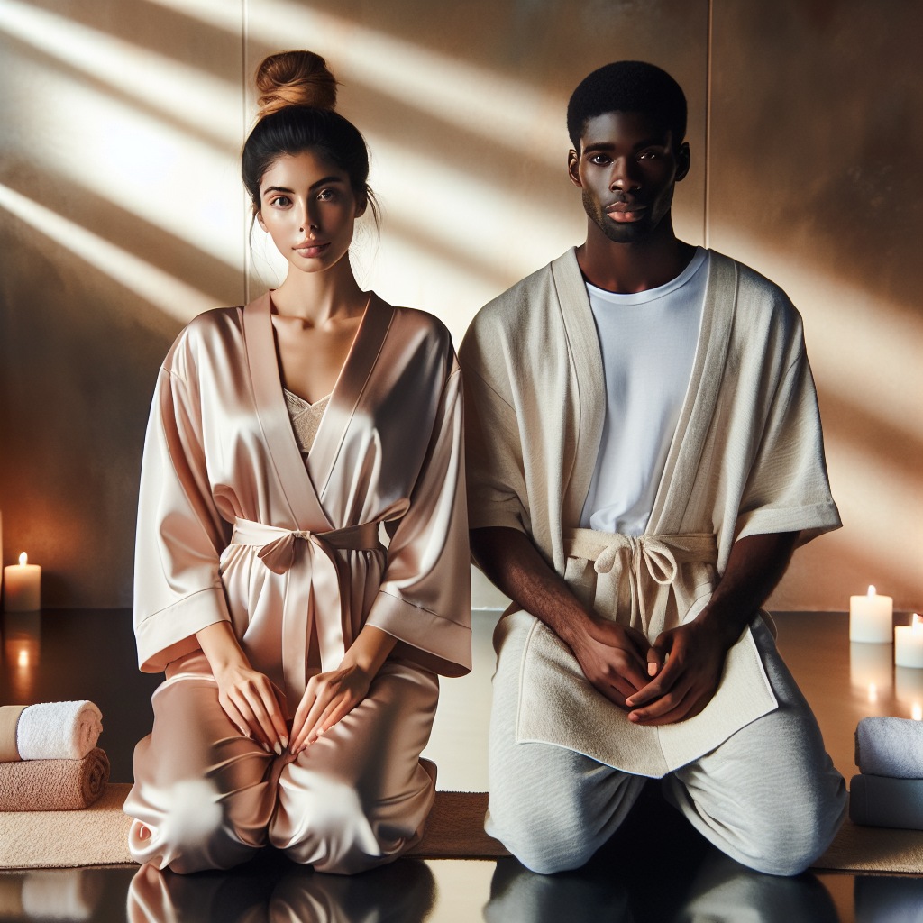 What to Wear to a Massage: Effortless Comfort Picks Picture a calming spa environment reflecting tranquility and peace. In the center of this serene setting, two people of differing descents, Middle-Eastern female and Black male are dressed in comfortable attire suitable for a massage. The woman is adorned in a sleek, loose silk robe in soft pastel colors, her hair tied up in a messy bun. The man, on the other hand, is wearing cotton drawstring pants and a light t-shirt, embodying casual comfort. Both of them hold folded plush towels, an essential add-on for a massage session. To complete the scene, imagine soft lights casting soothing shadows, hinting towards relaxation and rejuvenation.