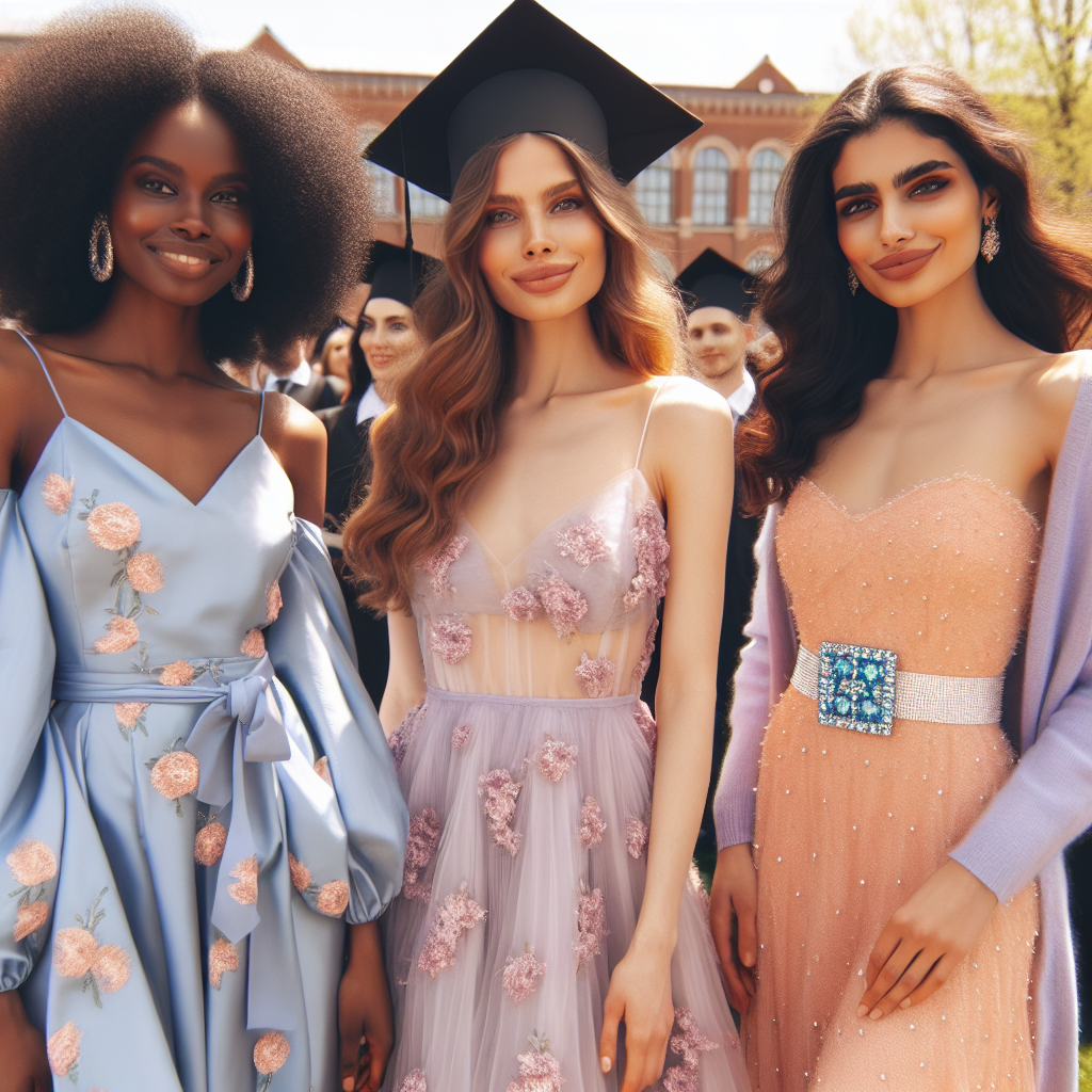 Elegantly imagine a spring-inspired graduation scene during a sunny day. A group of three diverse women of different descents - Black, Hispanic, and Middle-Eastern - are attending a graduation ceremony as guests. Each one is dressed in fashionable attires that are perfect for the occasion. The Black woman is wearing a flowy lavender dress with delicate floral patterns, the Hispanic woman is adorned in a chic pastel blue suit, and the Middle-Eastern woman is in a stunning peach-hued long dress with a sparkling brooch. They are smiling, signifying their joy for the celebration.