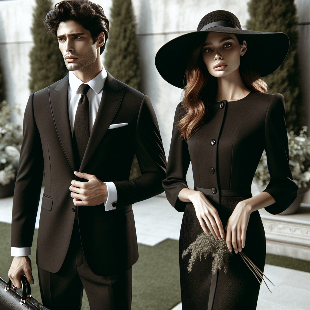 Create an image that encapsulates the theme of 'Effortless Elegance' in the context of a funeral-themed attire. Showcase a male and a female, one of Middle-Eastern descent wearing a tailored black suit, white shirt, and a dark tie, and another of South-Asian descent in a stylish, elegant black dress and a tasteful hat. To add a touch of effortless elegance, let them stand with grace and poise in an outdoor setting with subdued natural light, perhaps a tastefully landscaped garden with gentle greens and soft flowers in the backdrop.