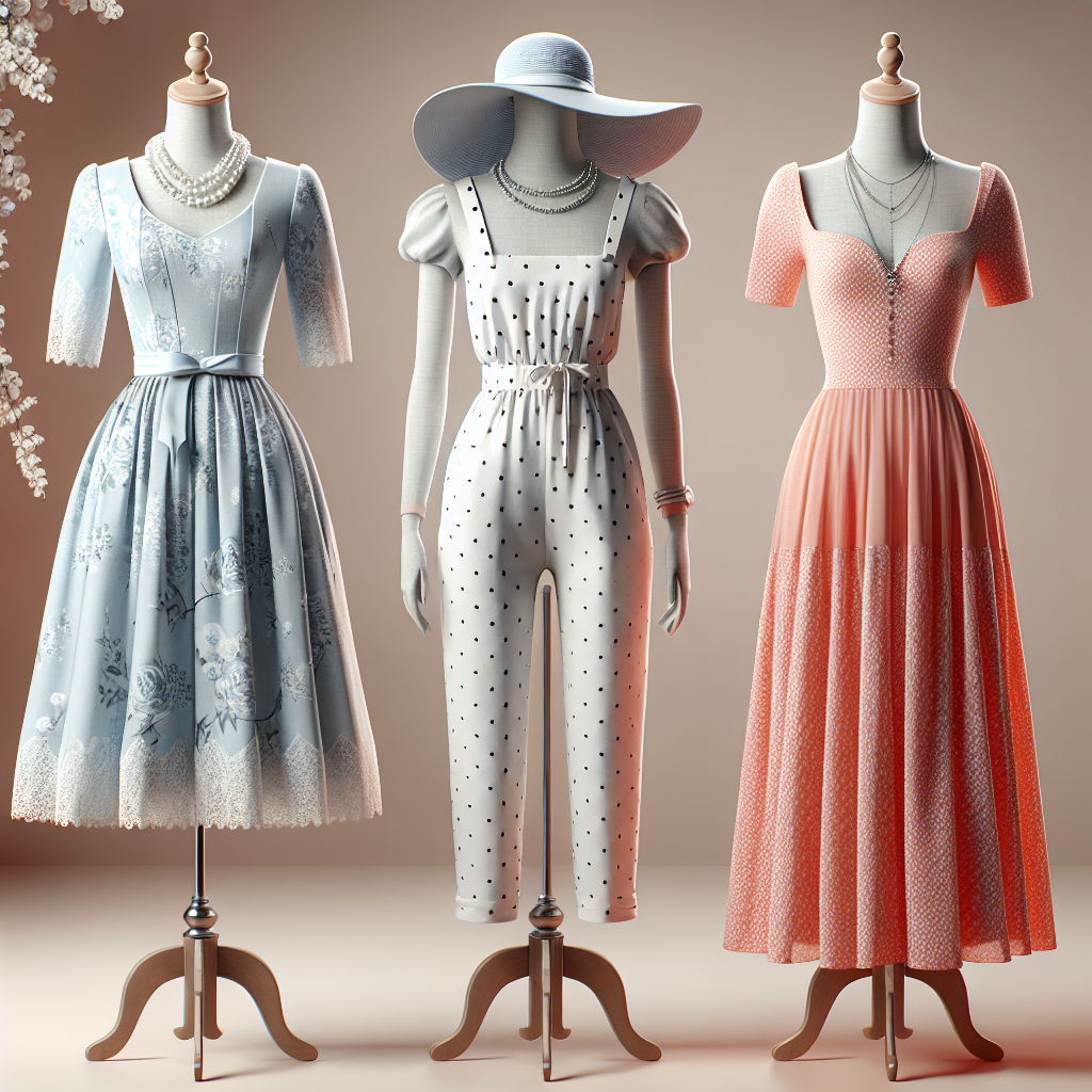 Visualize a collection of three jaw-dropping baby shower outfits. The first outfit is a classy and elegant dress, knee-length, light blue in color, with a soft floral pattern. It is accessorized with a string of pearls. The second outfit is a modern yet comfortable jumpsuit with a playful polka-dot pattern, it is white with black polka dots. A chic hat complements this outfit. The final outfit is a beautiful coral maxi dress with short sleeves and a flowing skirt, accompanied by a silver necklace. All three outfits are carefully displayed on mannequins.