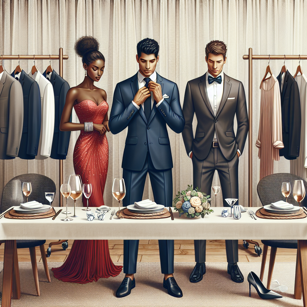 Imagine the scene of  rehearsal dinner preparations. There is a long table with stylish and elegant settings. On one side, place a middle-eastern man in a well-tailored navy blue suit, contemplating the last minute elements of his outfit. On the other side, imagine a Black woman in a prestigious red cocktail dress checking her diamond accessories. Next to them, a Hispanic man is adjusting a bow tie while wearing a crisp white shirt and smart trousers. Beside the table, place a rack holding various clothing items considered as must-haves for such an occasion.