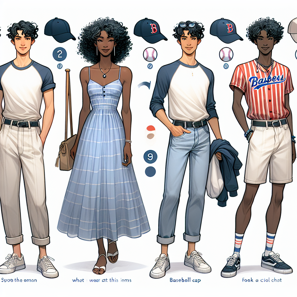 What to Wear to a Baseball Game: Effortless Style Tips Imagine a visual guide for what to wear at a baseball game. Start with an androgynous individual, fashionably dressed in a casual, sporty outfit - a pair of light denim jeans and a casual t-shirt, both comfortable and stylish. They are wearing a baseball cap, a key accessory for such a game. To their side, show a series of labels indicating these items, with small illustrations of each item beside the labels. Next to this person, picture an African American woman in a sundress, enjoying the summer weather; and a Caucasian man in shorts and a team jersey. They both look comfortable and chic, ready to enjoy the game. Depict different styles, colors and sizes of clothing to show the diversity of game day fashion.