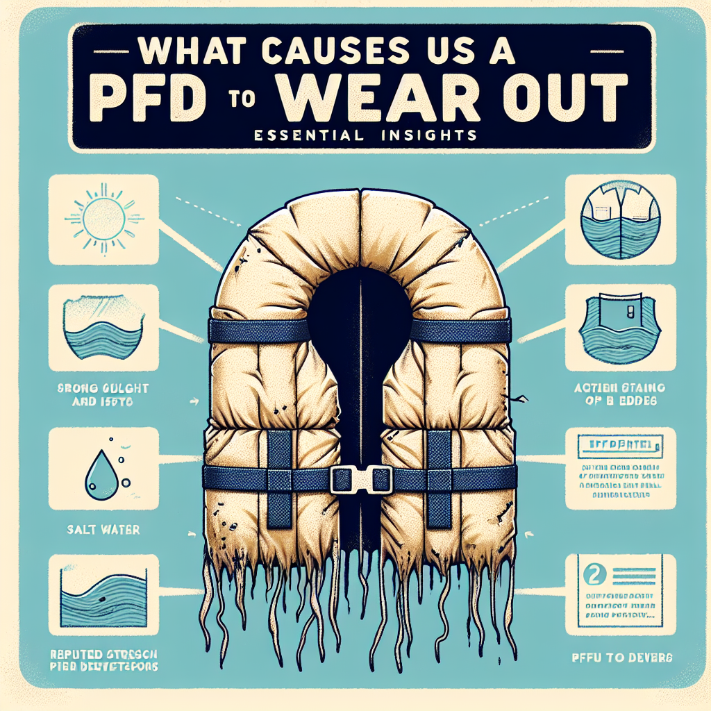 What Causes a PFD to Wear Out? Essential Insights Create an image showing a worn-out Personal Flotation Device (PFD). The PFD should be depicted with signs of discoloration and fraying at the edges, indicative of its overuse and exposure to harsh environmental conditions. Alongside the PFD, depict the elements such as strong sunlight, salt water, and repeated stress from use, identifying them as factors that contribute to its wear and tear. Also, illustrate a printed excerpt from the article 'What Causes a PFD to Wear Out? Essential Insights' with a breakdown of these factors. Make sure to use neutral and easily readable colors and fonts.