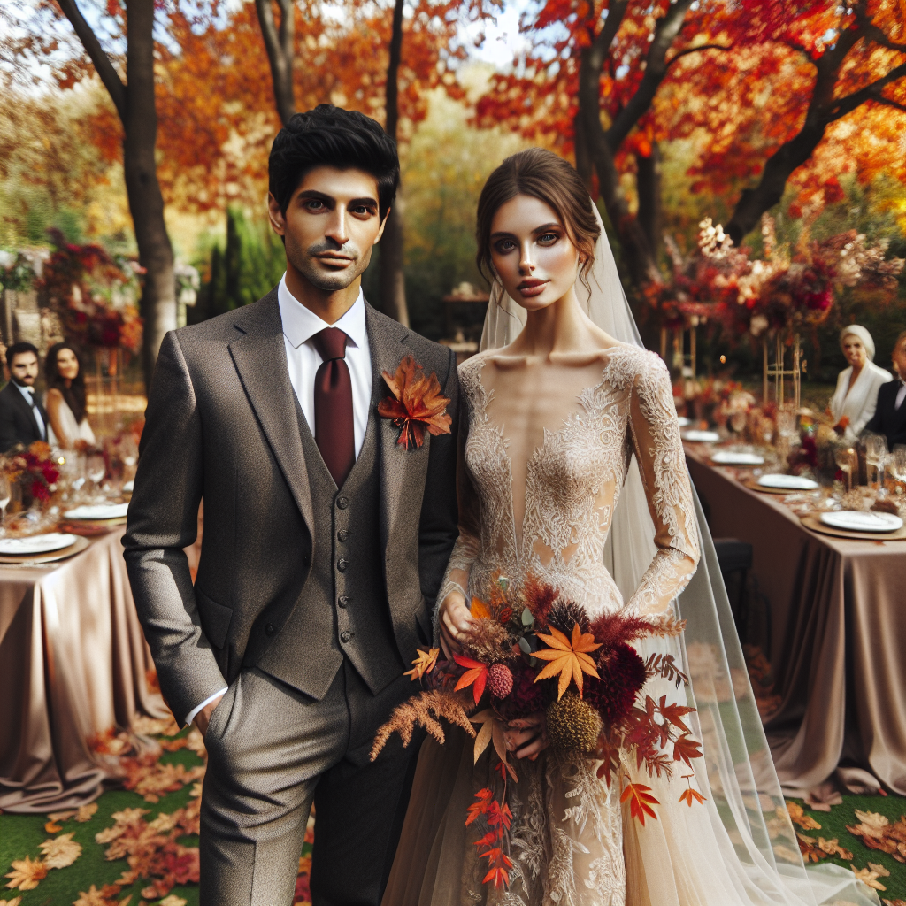 Fall Wedding Style Guide: Stunning & Effortless Looks Imagine a picturesque autumn scene at an outdoor wedding reception. A South Asian man, the groom, is dressed in a classic charcoal gray suit with a deep maroon tie, matching the fall leaves. He stands next to a Caucasian woman, the bride, who is resplendent in a beautifully tailored, effortless champagne-colored lace A-line gown, with delicate fall-themed flora and fauna incorporated into her veil. Rich fall colors are echoed in the decor, table settings, and floral arrangements. The guests, a diverse blend of men and women of various descents and genders, complement the setting in fashionable autumn attire.