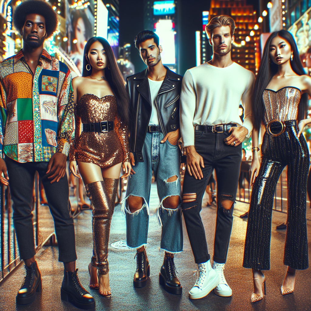Picture this: A bustling city nightlife scene filled with lights and excitement. Center-frame, a group of five friends, each displaying unique but trendy club outfits. One friend, a Black man, is wearing a vibrant print button down shirt with dark jeans. A Hispanic woman stands next to him in a glittering gold mini dress. There's an Asian man in a sharp, black leather jacket and ripped jeans, and a Middle-Eastern woman dressed in a chic high-waisted jumpsuit. Lastly, a Caucasian woman stuns in a pair of super flared pants and a stylish cropped top. Show their equipment, shoes, and accessories in good detail.