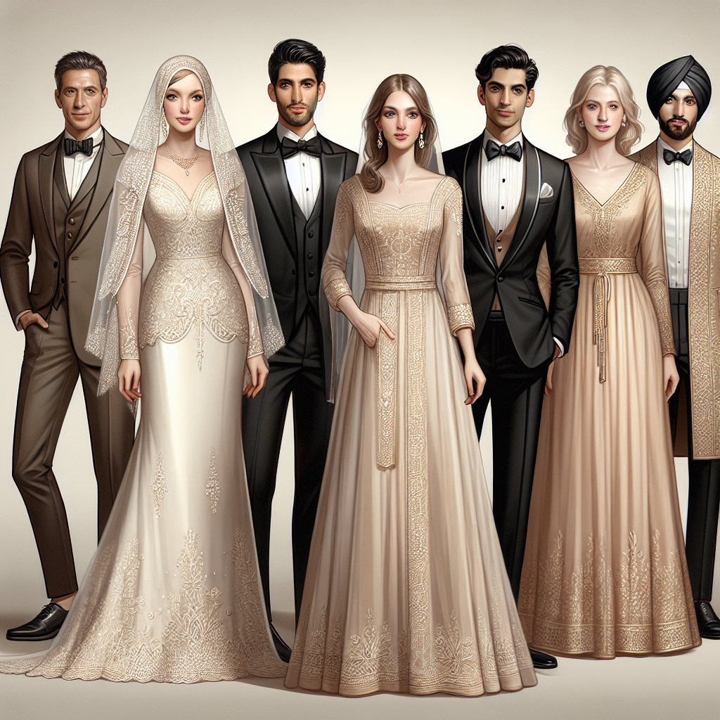 Formal Wedding Attire: Must-Have Styles for Stunning Looks Imagine a scene presenting various types of formal wedding attire that are considered must-haves for looking stunning. The scene should display a diverse group of people modeling these styles. A Caucasian woman wearing a traditional, elegantly embroidered wedding dress with a lace veil. A Middle-Eastern man boasting a sharp black tuxedo with a matching bow tie. A South Asian man in a classic cream-coloured sherwani with intricate golden embroidery. A Hispanic woman in a champagne coloured, A-line bridesmaid's dress. Everyone is standing confidently, displaying their outfits against a neutral background. Please use a realistic and detailed art style for this image.