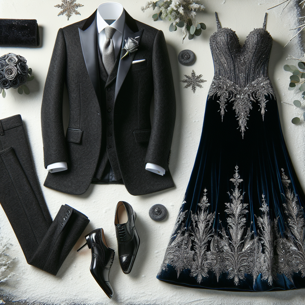 Semi Formal Winter Wedding Attire: Must-Have Elegance Visualize a still life portrait of semi-formal winter wedding attire showcasing opulent elegance. In the scene, include a finely tailored three-piece suit in a rich charcoal grey wool blazer, waistcoat, and pants, paired with a crisp white shirt, silver tie and matching pocket square, accented by a boutonnière with a single snow-dusted rose. Nearby, lay a glamorous, floor-length, midnight blue velvet evening gown with intricate silver beadwork at the bodice for a touch of sparkle. Complement these with a pair of black patent leather Oxford shoes for the suit and silver strappy high-heels for the gown. Exemplify both outfits with a beautiful snowy outdoor backdrop to evoke a winter wedding aura.