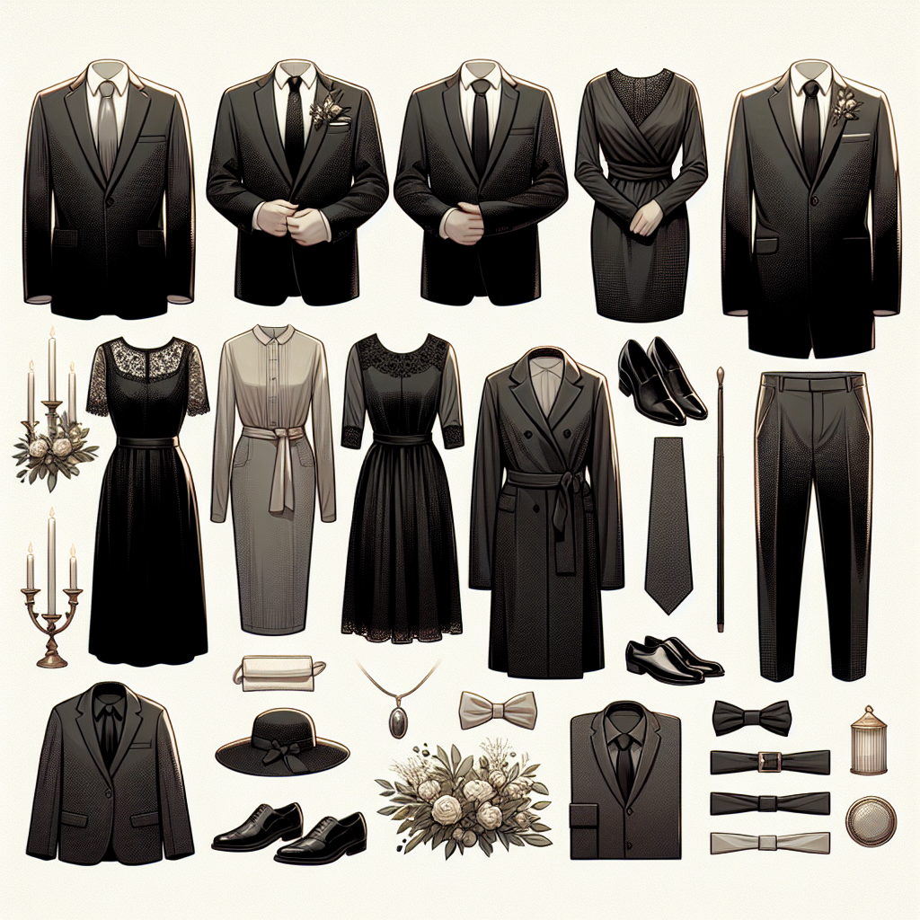 An image representing a collection of dignified and polished attire suitable for a wake. The surrounding ambiance is solemn and quiet to match the respectful environment of such an occasion. Display a variety of outfits including a black suit for a South Asian man, a dark conservative dress for a Hispanic woman, a gray formal attire for a Middle-Eastern woman and a simple, elegant suit for a Caucasian man. The clothes should be modest and well-ironed, expressing the notion of respect and elegance. A tasteful choice of accessories such as gentle brooches, cufflinks or a moderate tie can be included. Additionally, gentle, diffused lighting should highlight the array of clothing.