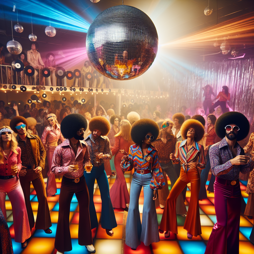 Must-Have Styles for a 70's Disco Party Extravaganza Visualize a vibrant 70's disco party extravaganza. Feature people of different genders and descents like Caucasian, Hispanic, and South Asian on the dance floor under a giant glittering disco ball. The fashion is inspired by the iconic 70's trends: bell-bottom pants, platform shoes, and brightly colored polyester shirts. Some are seen wearing afro hairstyle wigs and oversized sunglasses, signatory of the era. The room is filled with bright strobe lights and has vinyl records adorning the walls. Everyone is lost in the music and enjoying the high-energy atmosphere.