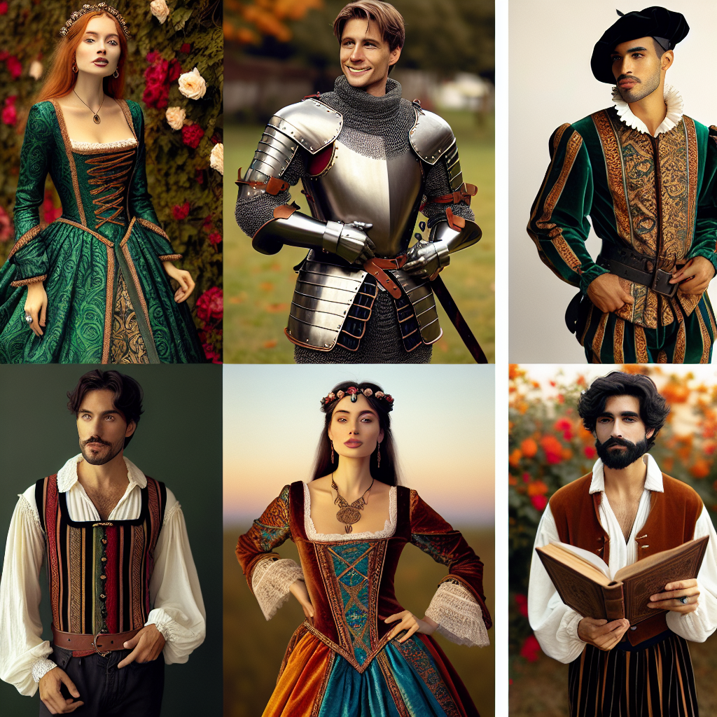 Renaissance Fair Outfit Ideas: Stunning, Timeless Picks Imagine a collage photo presenting various outfits ideas suitable for a Renaissance Fair. First, a dress showing the rich green brocade attire, complete with a headdress for a Caucasian woman. Next to it, show a Middle-Eastern man donned in chivalrous armor, then a South Asian woman dressed in an elegant Tudor style velvet gown in jewel tones. Finally, visualize a Hispanic man wearing a poet's shirt and leather vest, paired with breeches. Each person seems elated and in character, echoing the timeless charm of Renaissance fashion.