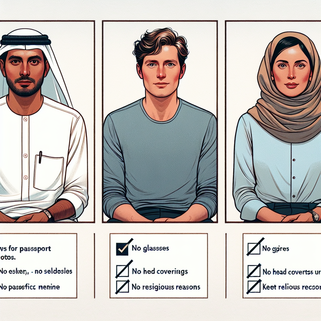 Passport Photo Requirements: Effortless Style Guide An illustration providing a style guide for passport photos. Show three individuals of different descent: a Middle-Eastern male, a Hispanic female, and a Caucasian male, each sitting in front of a white backdrop. Each person should be pictured from the shoulders up, facing forward, and with a neutral expression. They should be styled appropriately for a passport photo - neat hair, no accessories, and simple clothing. Below each picture, depict a checklist of requirements such as even lighting, no glasses, no head coverings unless for religious reasons, and keeping a neutral expression.