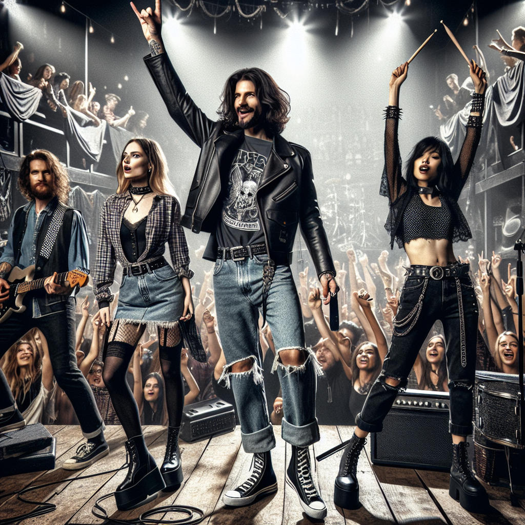 Rock Concert Style: Must-Have Looks for Epic Nights A lively scene at a rock concert. In the center, an enthusiastic Hispanic man, with dark shoulder-length hair, sporting a classic black leather jacket, distressed denim jeans, and a vintage band T-shirt. To his right, a Caucasian woman showing off her grunge chic style, wearing a plaid flannel shirt, ripped black denims, and chunky black boots, hoisting up a guitarist's pick. To his left, a Black woman in a punk ensemble featuring a black studded leather vest, skinny black jeans, and military boots, raising a drumstick. The background is filled with a crowd cheering, spotlights illuminating the atmosphere, and a stage with instruments ready for performance.