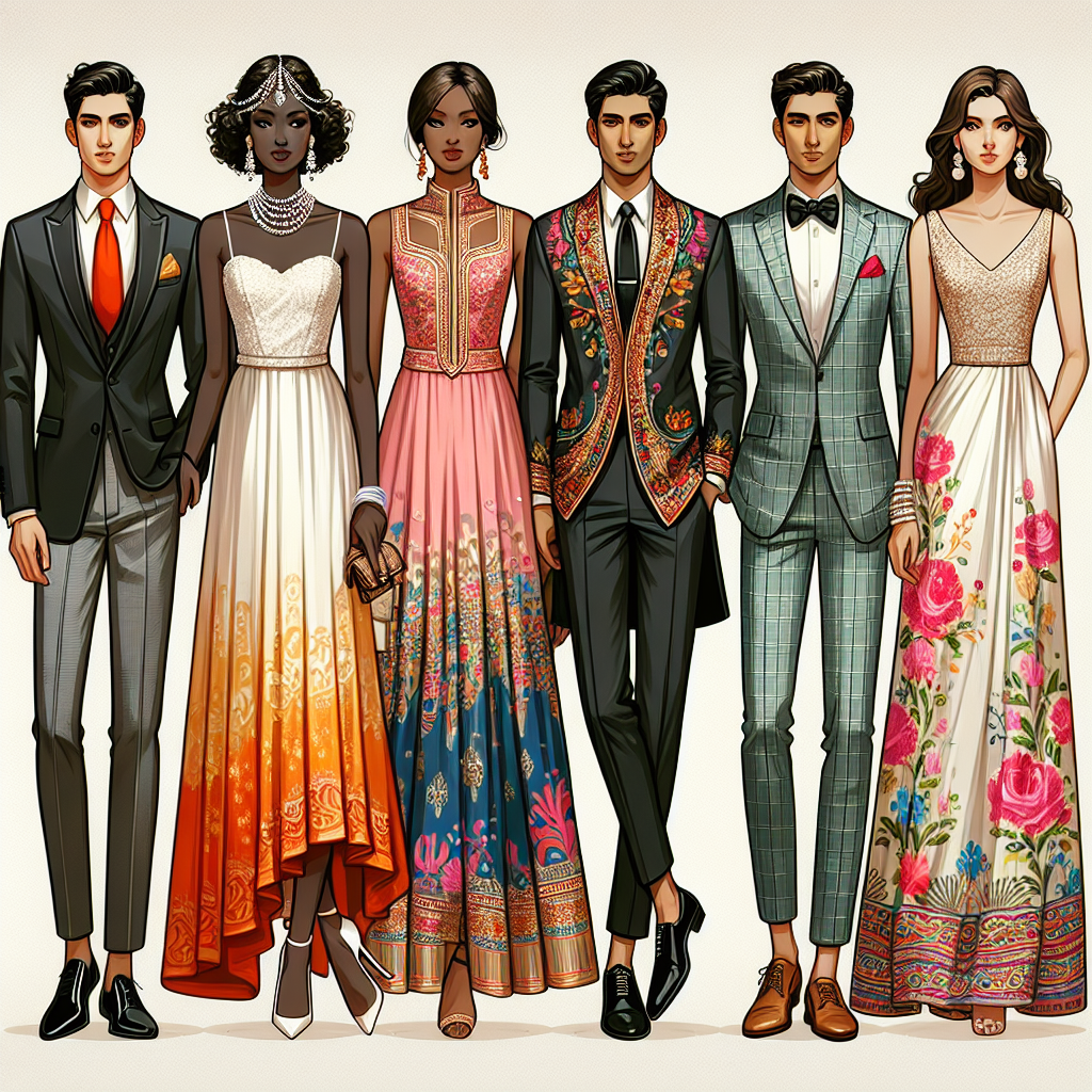 Generate a compilation image which represents wedding guest outfits catering to various styles. The image should showcase five distinct outfits suitable for a wedding. First, a classical ensemble featuring a well-tailored black suit, crisp white shirt, and vibrant red tie for a Caucasian man. Second, an elegant cocktail dress in a pastel color, accessorized with pearls for a Black woman. Third, a vibrant and colorful traditional South Asian kurta-pajama for a South Asian man. Fourth, a glamorous floor-length gown adorned with floral embroidery for a Middle-Eastern woman. And finally, a chic pantsuit in a bold geometric print for a Hispanic woman. Remember to represent the diversity of styles in a respectful and aesthetically pleasing way.