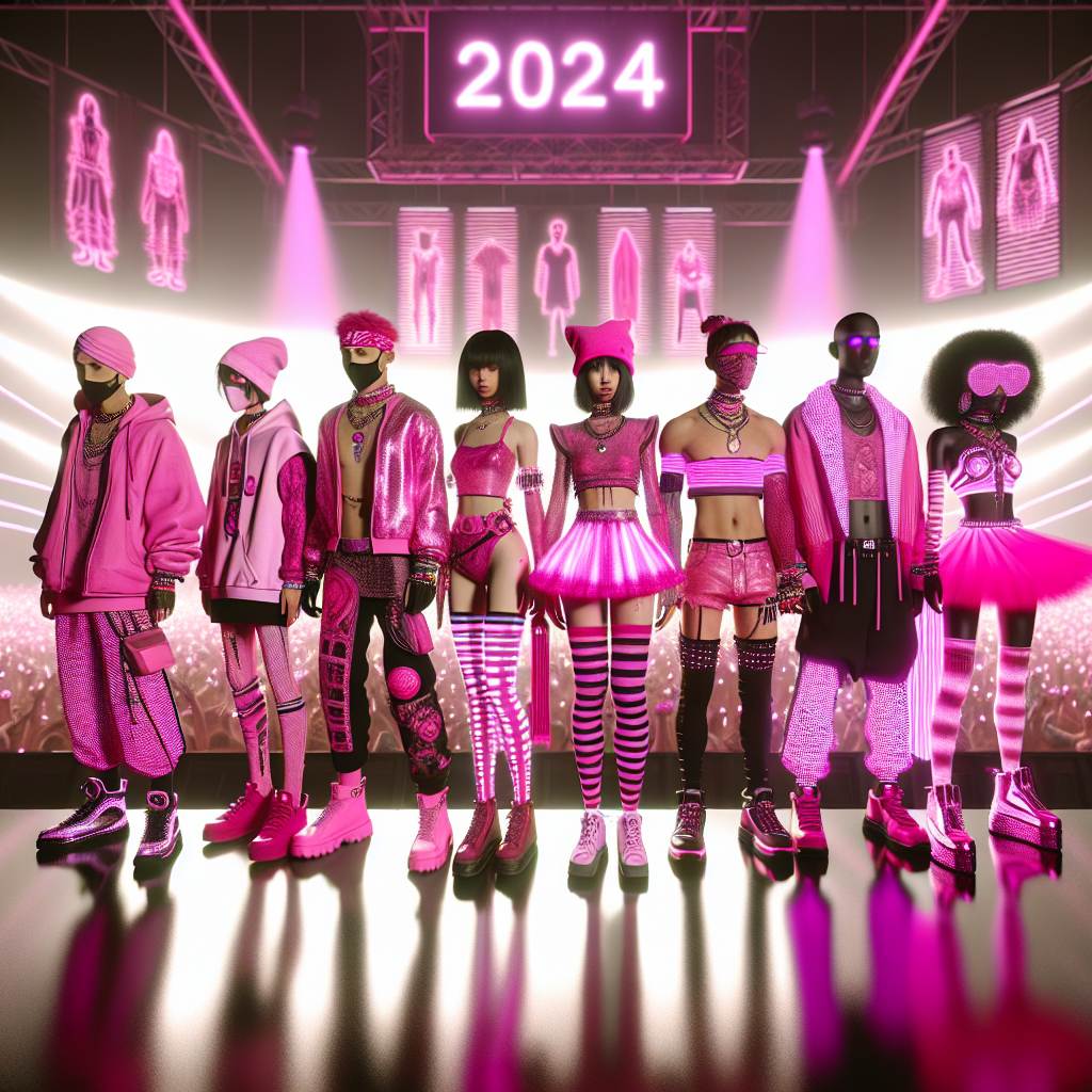 Must-Have Rave Outfits for Pink Concert 2024 Imagine a spirited rave event in the year 2024. Display a variety of fashion-forward rave outfits that would be fitting for such an occasion. Make sure these outfits predominantly feature the color pink to align with the event's theme. Show a mix of characters wearing this festive attire, from a South Asian male with a vibrant pink bandana and matching sneakers, to a Black female donning an eye-catching, neon pink tutu. Add an element of the unexpected with a Middle-Eastern individual sporting a show-stopping, pink LED-lit ensemble. Finally, set the backdrop with a flood of pink tinted lights with a 2024 banner to encapsulate the energy of this hypothetical event.