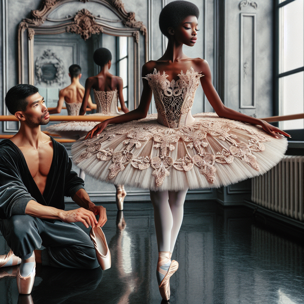 Stunning Ballet Outfits: Effortlessly Chic Choices Picture an elegant and meticulously detailed scene set in a ballet studio. In the foreground, there is an African American woman donning a stunning tutu, styled with intricate lacy patterns and soft pastel color making her look effortlessly chic. She is standing en pointe showcasing her grace and strength. Seated beside her, an Asian man is clad in a sleek ballet training outfit, his attentive gaze is towards a beautiful pair of ballet slippers held delicately in his hands. He is poised, ready for his turn on the dance floor. The walls are adorned with mirrors reflecting the depth and beauty of the ballet discipline.