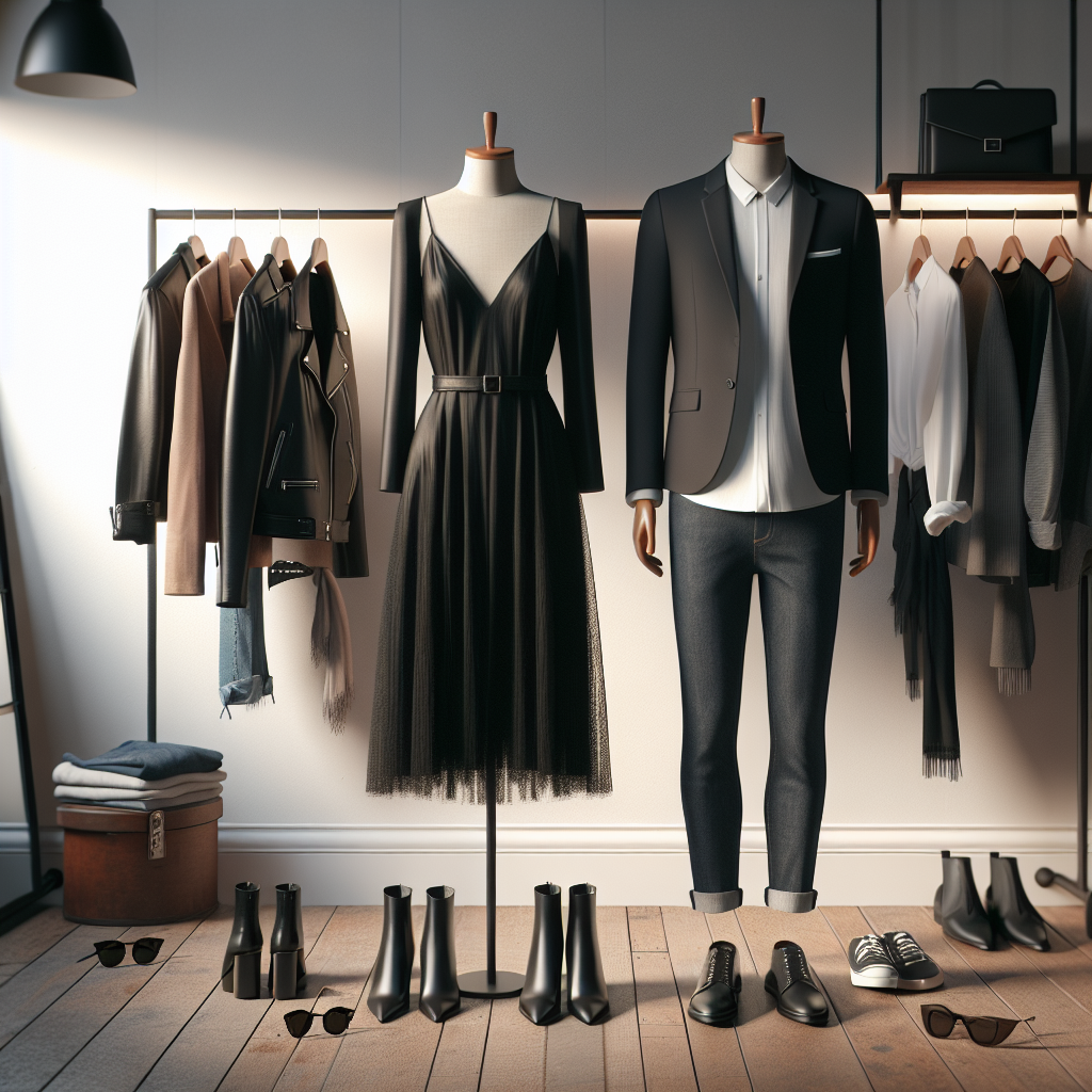 Create an image setting of a chic dressing room, with a couple of fashionable outfits hung up. The outfits represent effortless style, perfect for model castings. They should include a White woman's stylish casual black dress paired with a leather jacket and ankle boots, and an Asian man's sophisticated ensemble of a crisp white shirt, dark blazer, and jeans. Ensuring each piece of clothing exudes a 'must-have' vibe for models, the backdrop should be filled with accessories like sunglasses, scarves, and hats. The mood is high fashion but accessible, and the dressing room is subtly lit.
