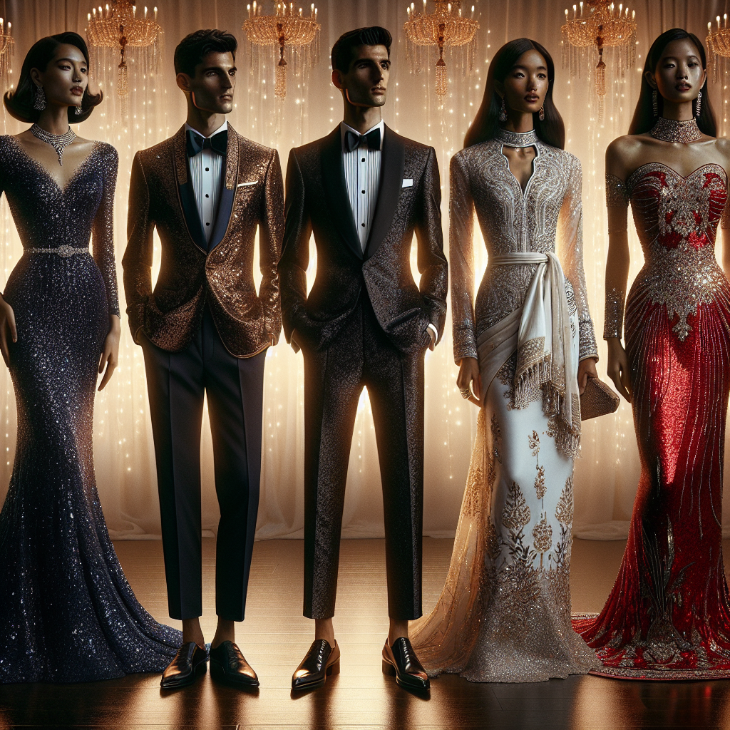 Stunning Outfits for Celebrations: Find Your Perfect Look Imagine an array of five striking celebration outfits. First, a grandiose, sparkling gown of rich navy blue, its silhouette draped elegantly on a South Asian woman. Next, a sharp, well-tailored tuxedo with polished shoes, enhancing the style of its Caucasian wearer. Third, an exquisite Asian-inspired red cheongsam adorning a Middle Eastern woman. Fourth, a sophisticated, embroidered white guayabera shirt and matching trousers on a Black man. Lastly, a beautifully sequined sari in jewel tones, draped on a Hispanic woman. These outfits glitter under the soft glow of ornamental lights, each perfectly reflecting the wearer's unique style