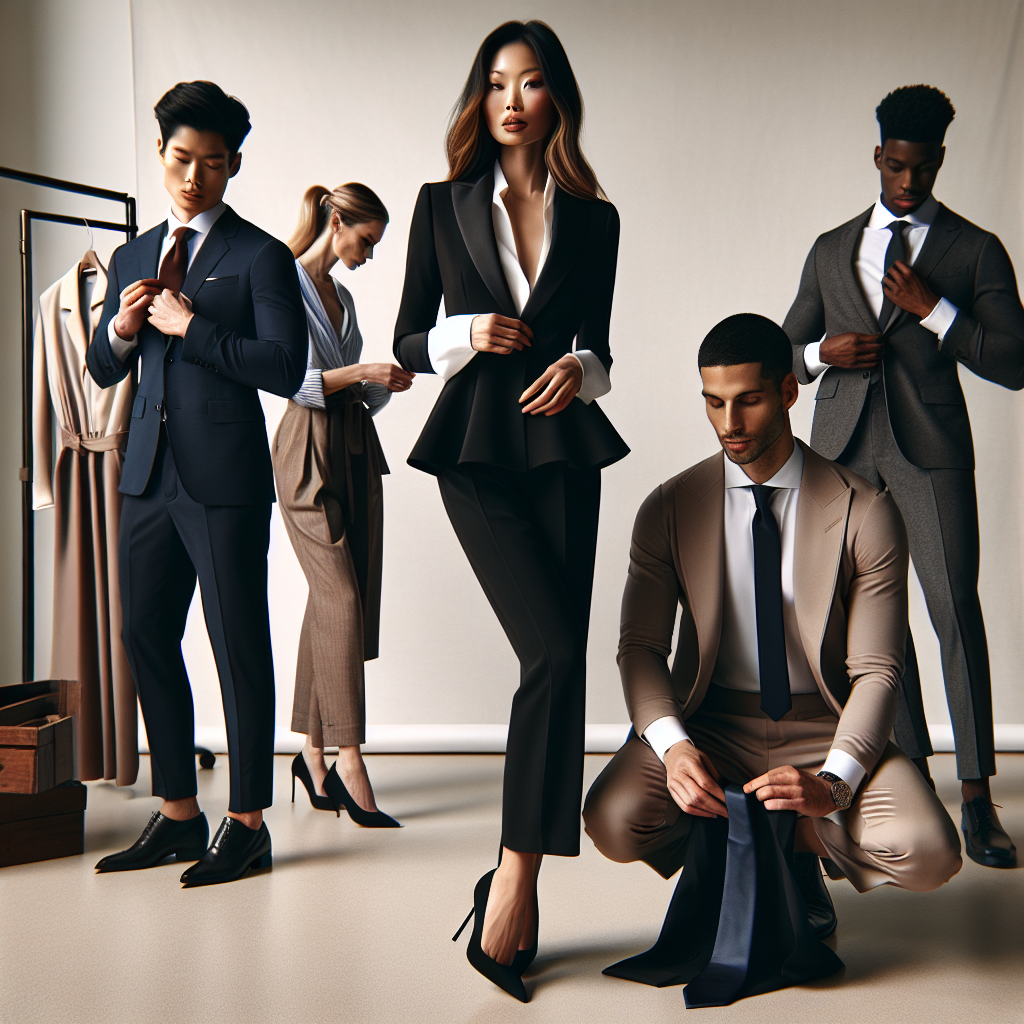 Must-Wear Styles for Modeling Interviews: Chic & Professional Envision a fashion editorial-style photoshoot featuring four models preparing for an interview. In the foreground, an Asian woman is elegantly styled in a chic, tailored black pantsuit with high-heeled shoes. To her left, a Hispanic man is adjusting his well-fitted navy blazer over a crisp white shirt, complemented by a pair of khaki trousers. In the background, a Caucasian woman is elegantly dressed in a professional peplum blazer and skirt set in a soft beige tone. A Black man, to her right, is selecting a silk tie to go with his charcoal gray suit. They all exude confidence and professionalism.