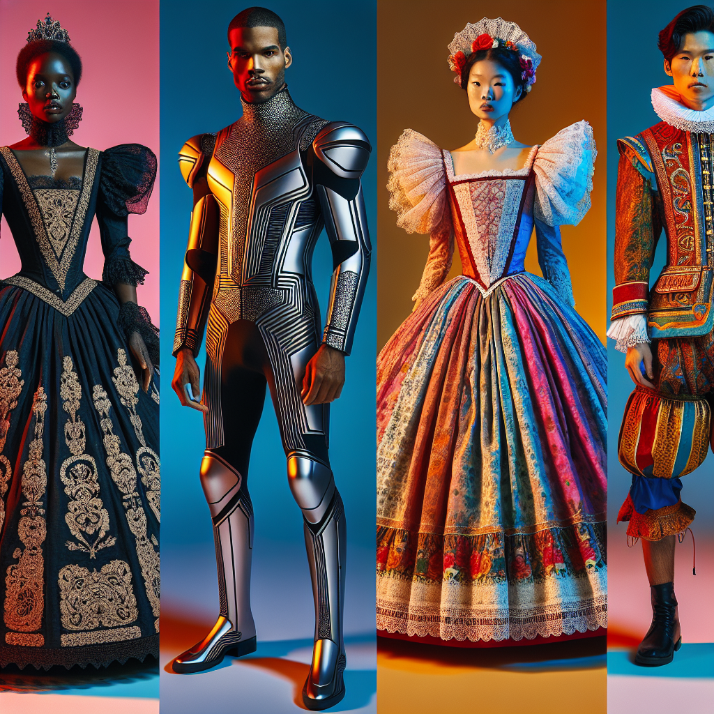 Image of four individuals donning distinctive and stylish theatre costumes: A Black woman in an ornately decorated 18th century-style gown complete with a high collar and intricate lace detailing, a Hispanic man in a sleek, sculptural suit reminiscent of characters from a futuristic, sci-fi-themed play, an Asian woman in traditional Shakespearean attire &mdash; a waist-cinched dress with puffed sleeves and voluminous skirt, and a Caucasian man dressed in a vibrant, culturally inspired outfit that hints at a folkloric, musical production. Each person stands in a vibrant spotlight that emphasizes the variety of roles and styles found in theatre.