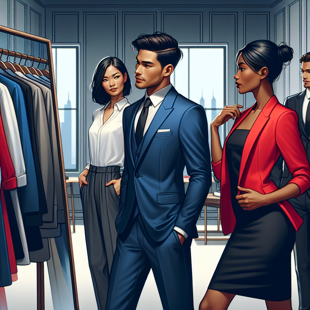 What to Wear to an Interview: Stunning, Effortless Styles Visualize a scene in a modern urban setting where three individuals are preparing for job interviews. First, a Caucasian woman is choosing a formal navy blue suit with a white blouse, the suit is elegant yet simple. She is admiring her reflection in a full-length mirror. Beside her, an Asian man is donning a perfectly tailored grey tuxedo, looking classy and sophisticated. Lastly, a Black woman is making the final adjustments to her chic, modern black dress accompanied by a bright red blazer, reflecting her bold personality. The room is room filled with stylish clothes on hangers, representing a wide range of professional attire. Each person looks confident and ready, depicting the power of dressing well for an interview.