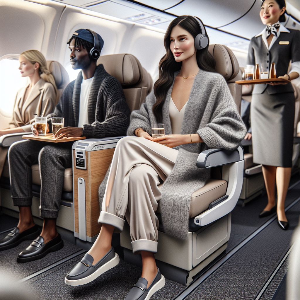 Show a scene inside the cabin of a commercial airplane. Focus on a woman in aisle seat, dressed in loose fit and chic attire. She should be Caucasian, wearing a grey cashmere wrap, slip-on loafers, and sporting a fashionable but practical hairdo. Also depict a Black man sitting in a window seat, donned in comfortable fitting dark denim jeans, a cozy cardigan, a baseball cap, and wearing Bluetooth headphones. On the aisle should be an Asian flight attendant donning a crisp and professional uniform, offering a selection of beverages from a cart. The overall atmosphere should be relaxed and comfortable.