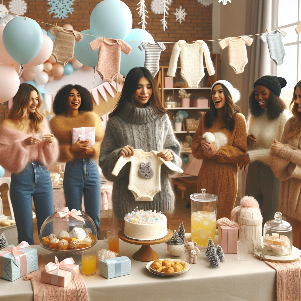 Show a winter-themed baby shower event in a warm and cozy indoor setting. The room is decorated with pastel-colored balloons, faux snow decorations, and knitted baby onesies hanging as bunting. In the corner, there's a table filled with delicious snacks, a beautifully decorated cake in the shape of a onesie, and punch served in a large glass bowl. The attendees are a mix of Caucasian and Hispanic women, each stylishly dressed in cozy winter outfits &ndash; think thick sweaters, scarves, beanie hats, and boots. A South Asian woman is opening gifts and another Black woman is laughing and telling a story.