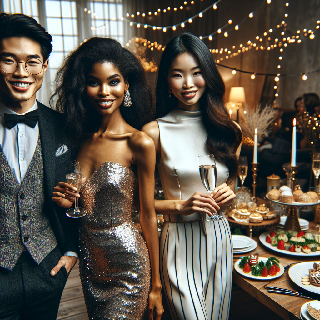 Create an image of a graduation party where fashionable attendees are serving as style inspiration. Picture one stylish East Asian man in a smart casual ensemble, a chic South Asian woman in a glamorous party dress, and a fashionable Black woman in a sleek jumpsuit. The setting is an elegantly decorated room, with enticing party food and beverages arranged on a table. Strings of fairy lights add a cozy and festive touch to the ambiance. The gleaming smiles of central figures express their joy and pride in the accomplishments celebrated.