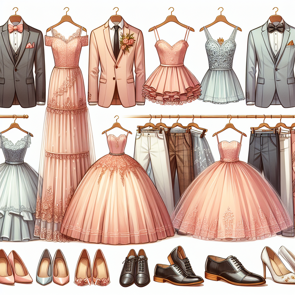 What to Wear to a Quinceañera: Stunning, Effortless Picks A variety of elegant outfits suitable for a Quinceañera. Include elegant dresses in hues of soft pastels, which are trendy yet comfortable, teamed with suitable matching accessories. The clothes should represent a balanced mix of traditional and contemporary fashion trends. Also, show a few options for men, such as formal suits with tie combinations in coordinating colors. Also, depict a shoe rack with a wide range of shoes, from high heels to comfortable flats, and formal polished leather shoes for men. Remember, the outfits should express the jubilant, festive spirit of a Quinceañera.