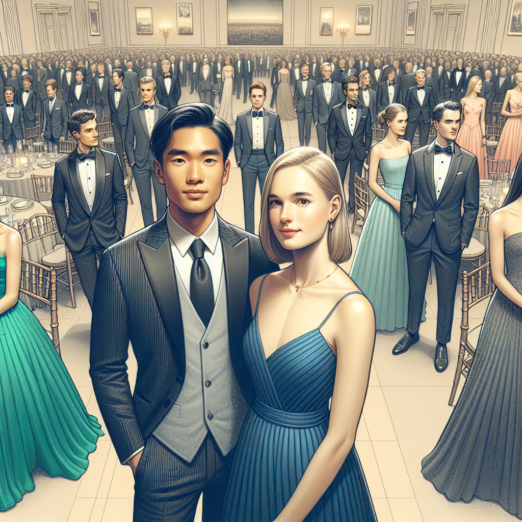 What to Wear to a Ball: Avoid These Colors Visualize an elegant ballroom scene filled with people wearing formal attire. In the scene, prominently display outfits in a variety of colors, while highlighting a few clothing items in commonly avoided colors at such events, such as neon green or bright orange. Show a few individuals in the foreground, where an Asian man sports a sleek black tuxedo and a white woman dons a sophisticated navy-blue gown. Behind them, include a crowd in a myriad of softer, more commonly accepted colors like pastels, muted tones, black, and white.