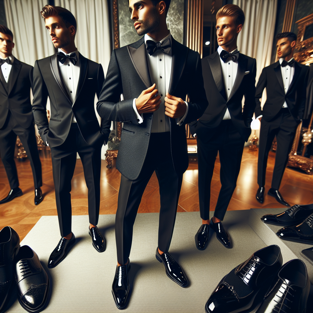 Picture a luxurious setting with a detailed view of men's black tie wedding attire. The image should illustrate an array of finely tailored tuxedos in deep black hues, with crisp white shirts beneath. Each ensemble is accented by glossy patent leather shoes, silk bow ties, and elegant cufflinks. In the background, you can observe well-dressed guests, a Caucasian male and a Hispanic male, both admiring the showcased attire. The atmosphere exudes sophistication, demonstrating the effortless elegance of black tie events, and giving readers an insight into the stunning aesthetics of festive gatherings.