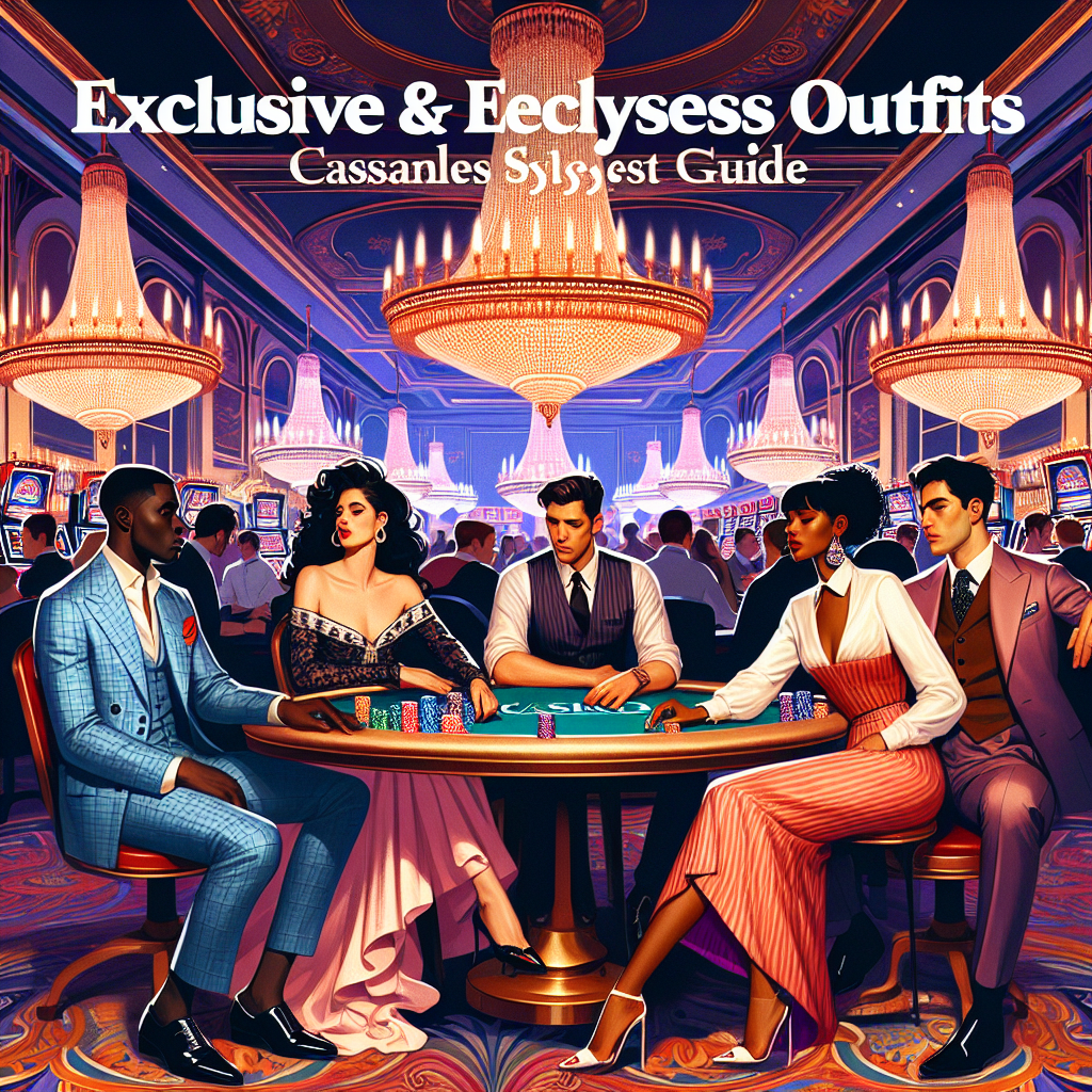 Casino Style Guide: Exclusive & Effortless Outfits Imagine an article header that is colorful and captivating. The title of the article is 'Casino Style Guide: Exclusive & Effortless Outfits'. Below the title, introduce an elegant scene set in a casino. The room is buzzing with excitement, filled with grandiose décor and opulent chandeliers. In the foreground, feature four gamblers at a poker table, dressed in tasteful and effortless outfits, embodying an air of exclusivity. Each character should represent different descents; a Black man, a Hispanic woman, a White woman, and a Middle-Eastern man. Vary their outfits from formal attire to chic, laid-back styles demonstrating the range of casino-wear.