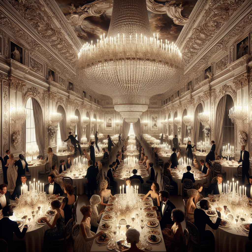 Picture an opulently decorated banquet hall. It's a study in elegant simplicity, exuding an atmosphere of effortless elegance. The large room is illuminated by a grand crystal chandelier that beautifully disperses light across the room. Several elegantly dressed individuals of varying descents are moving about, engaging in animated conversations. Some perhaps Black, others of Hispanic or Middle-Eastern, some might be South-Asian and some could be Caucasian. A long table is covered with a pristine white tablecloth and adorned with dazzling silverware, crystal glasses, and an array of colorful gourmet dishes. Candlelight flickers, highlighting the delicate floral centerpieces and casting soft shadows on the magnificent floor-to-ceiling drapes.