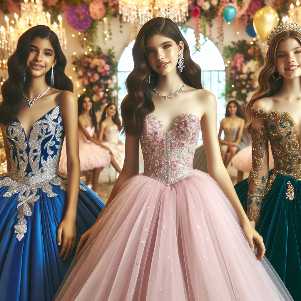 Create a high-quality visual encompassing a wide range of breathtaking outfits suitable for a quincea&ntilde;era. The fashion includes an elegant, traditional ball gown in rich royal blue with silver glitter designs, a chic, modern dress in delicate pink tulle with crystal embellishments, and a simple, effortless but stylish outfit in deep emerald with gold detailing. Show these being worn by three teenage girls of diverse descents - Hispanic, Caucasian, and South Asian respectively. Emphasize the joy, radiance, and celebration in the air. Set the scene in a beautifully decorated venue, with vibrant flowers, balloons, and festoons. All these contributing to an atmosphere of elegance, tradition, and timeless charm.