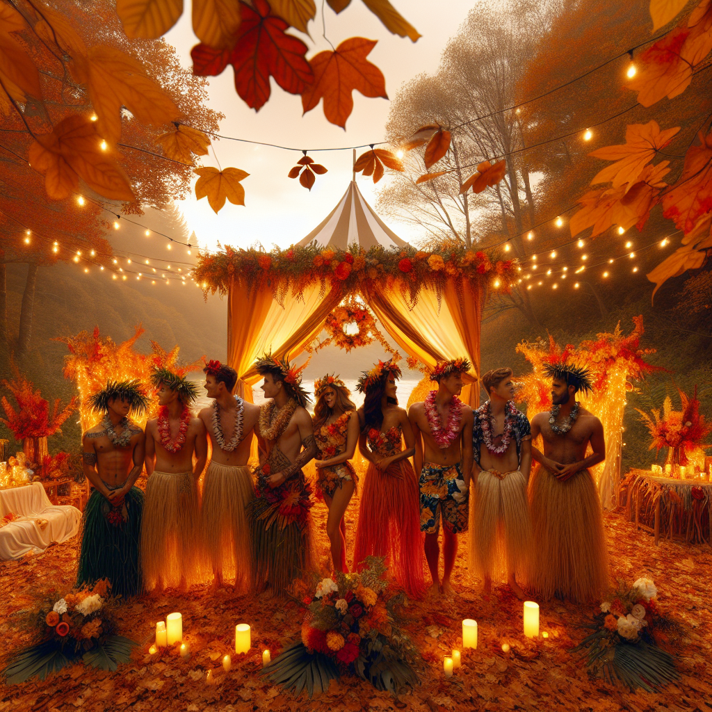A captivating autumnal scene capturing the essence of an upcoming 2024 Fall wedding with a twist of Hawaiian romance. Depict a variety of gender-diverse individuals adorned in the latest luau-inspired outfits, reflecting a balance of traditional Hawaiian attire - grass skirts, floral leis, aloha shirts - and the rich hues of Fall - reds, oranges, yellows. The background sets the tone, with golden leaves falling gently from the trees and an intimate tent set in hues of orange, yellow and brown, nestled among the fall foliage, ribbons of fairy lights twinkling in the waning light of dusk.