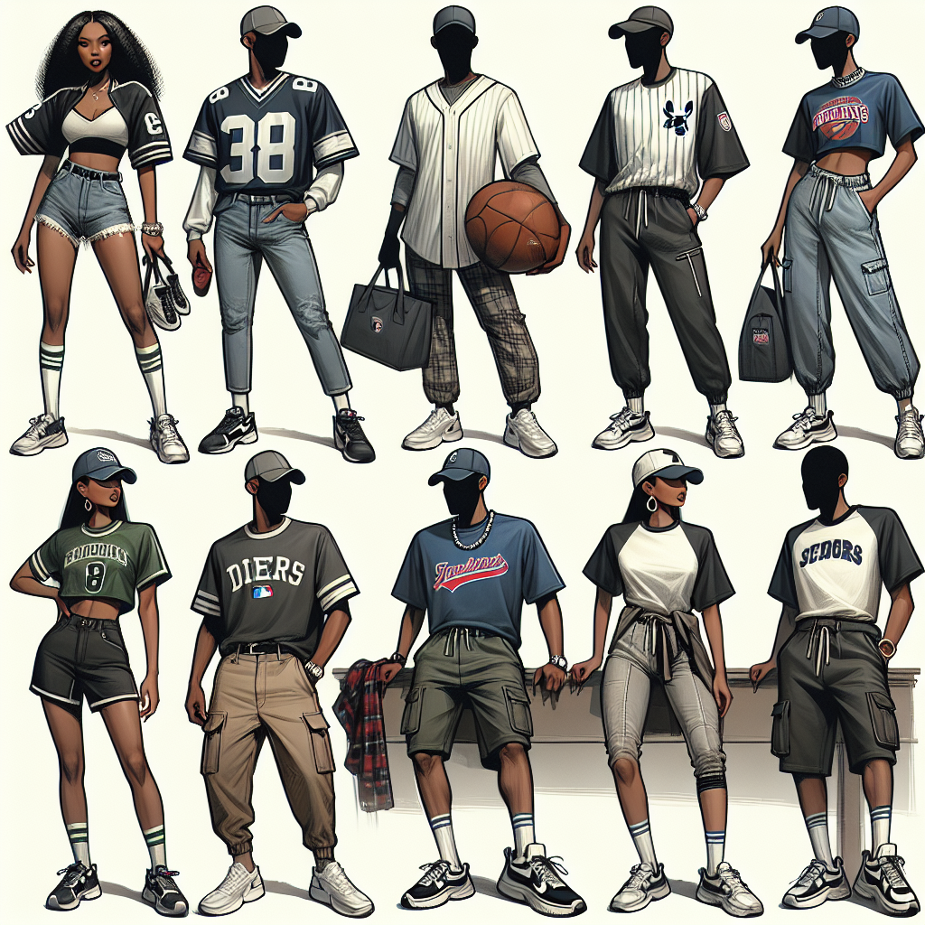Effortless Outfits for Game Day: Must-Have Styles Visualize a collage-style image presenting various effortless game day outfits. To the left, depict a Black woman dressed in a chic sports jersey with trendy jeans and comfortable sneakers. Next, portray a casual outfit worn by an East Asian man, featuring a stylish baseball cap, a team T-shirt, and relaxed-fit joggers. Moving right, illustrate a trendy ensemble presented by a Middle-Eastern woman, showing off a sporty, chic dress and fashionable boots. Lastly, craft an outfit sported by a Caucasian man wearing a team-themed casual T-shirt, cargo shorts and sport sandals.