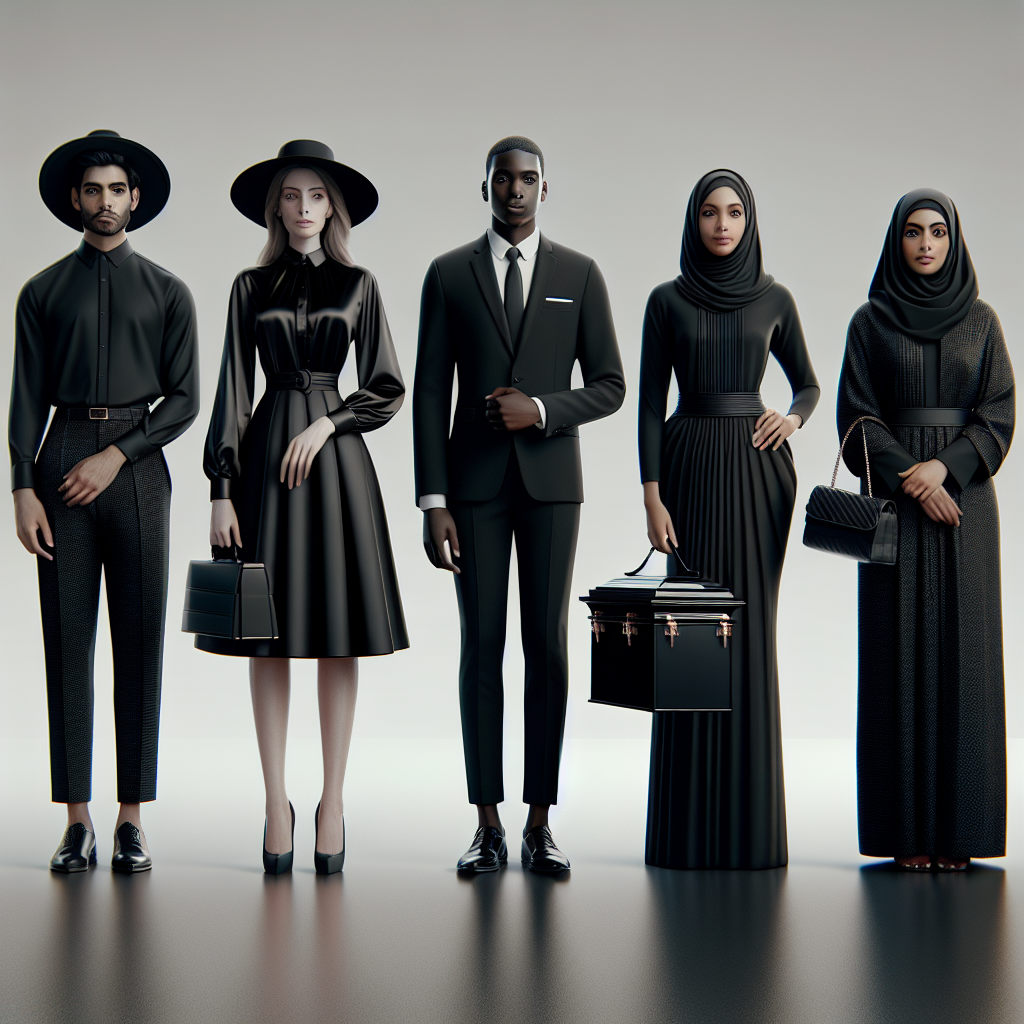 Visualize an informative and stylish scene featuring five individuals standing together, each dressed in different elegant funeral attire. The first person is a fair-skinned female wearing a respectful black hat and a sophisticated satin blouse, the second person is a Black male with a dapper black suit and tie, the third person is a South Asian female elegantly dressed in a conservative black saree, the fourth person is a Hispanic male wearing a minimalist yet classy black turtleneck and black trousers while the fifth person is a Middle-Eastern female draped in a stylish black abaya. All of them display composure, respect, and elegance. The background should be simple, possibly a soft gradient, to keep the focus on the clothing and their personalities.