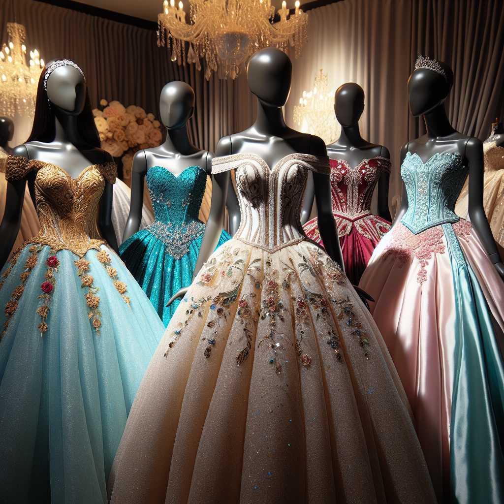 A showcase of exquisite quinceanera outfits. Picture a row of four mannequins in a setting that evokes an elegant party atmosphere. The first mannequin, a South Asian female, is dressed in a golden ball gown with intricate designs and beading. The second, a White female, is wearing a teal off-shoulder dress with a full skirt and sparkly sequin details. The third mannequin, a Black female, is adorned in a red sleeveless dress with floral embellishments. The last mannequin, a Hispanic female, showcases a pink satin gown with a corset bodice. Each outfit radiates class and attention to detail.
