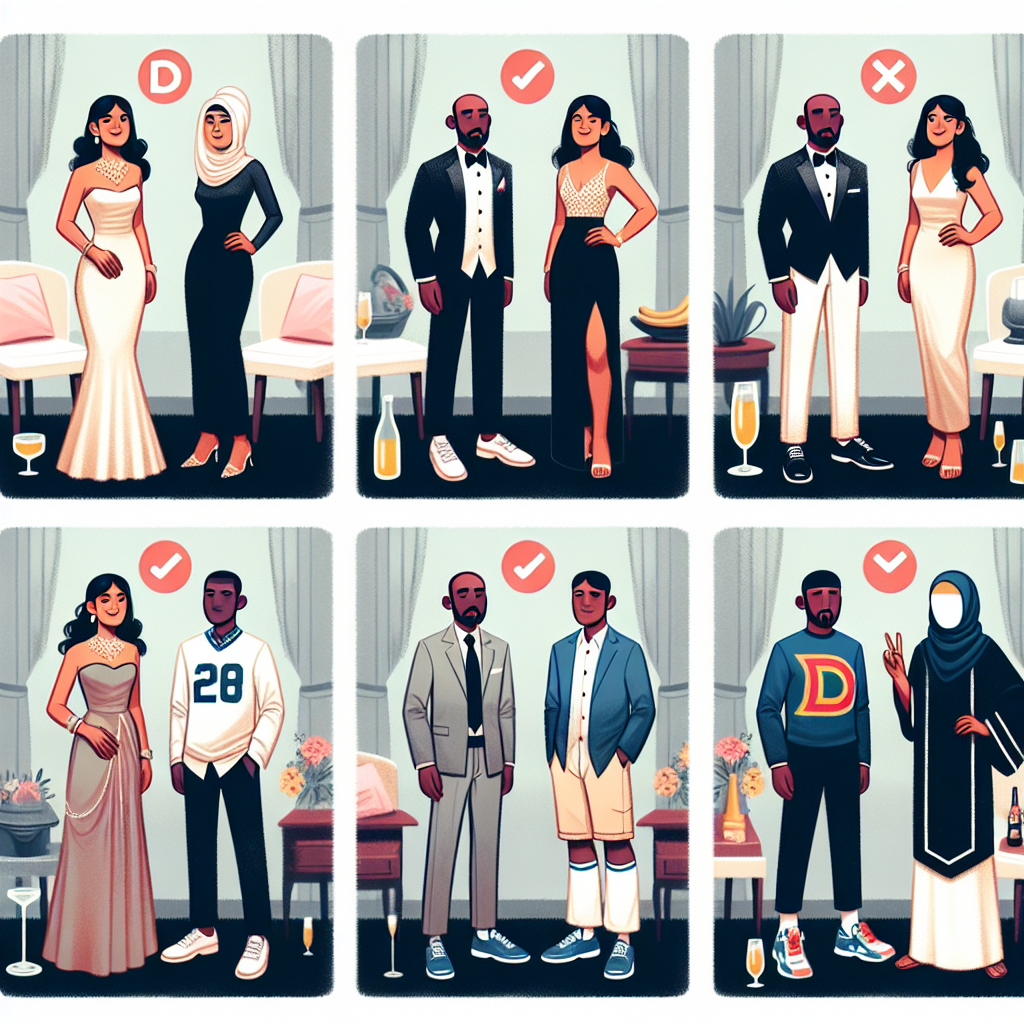 What Not to Wear to a Wedding: Stylish Don'ts Imagine an interactive guide about proper wedding attire etiquette. Picture the multi-panel illustration demonstrating both appropriate and inappropriate attire for a wedding guest. The first scene shows a South Asian woman donning a classy cocktail dress, while the second scene shows a Middle Eastern man incorrectly dressed in casual beach attire. The third setup reveals a Black woman wearing a beautifully tailored pantsuit, whereas the fourth portrays a Caucasian man dressed inappropriately in a sports jersey. Each scene should be clearly labeled either 'Do' or 'Don't'.