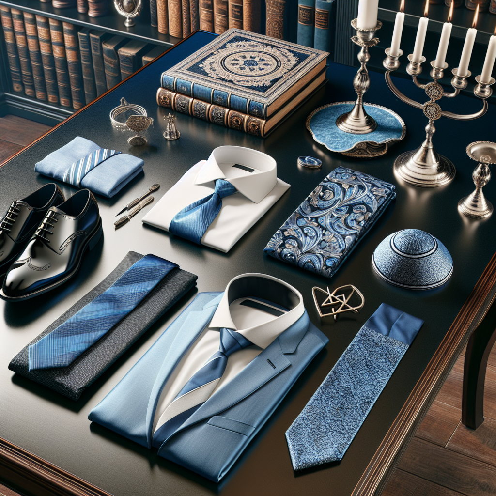 Visualize a Bar Mitzvah style guide presentation. The scene includes clothing options laid down flat on an elegant dark wooden table. There's a well-pressed, azure suit along with a crisp white shirt, a blue silk tie elegantly woven with subtle hints of silver, and a matching azure kippah. The table also holds a gleaming pair of glossy black dress shoes, a sterling silver Torah pointer, and a tallit organized neatly. The background includes assorted decor elements associated with a traditional Bar Mitzvah, like a menorah, Star of David ornamentation, and nicely arranged stacks of old religious books.